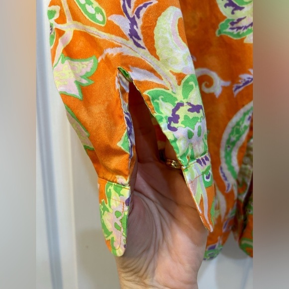 Lauren Ralph Lauren Orange Floral Blouse Cotton Button Up Collared Sz L Preppy - Picture 5 of 8